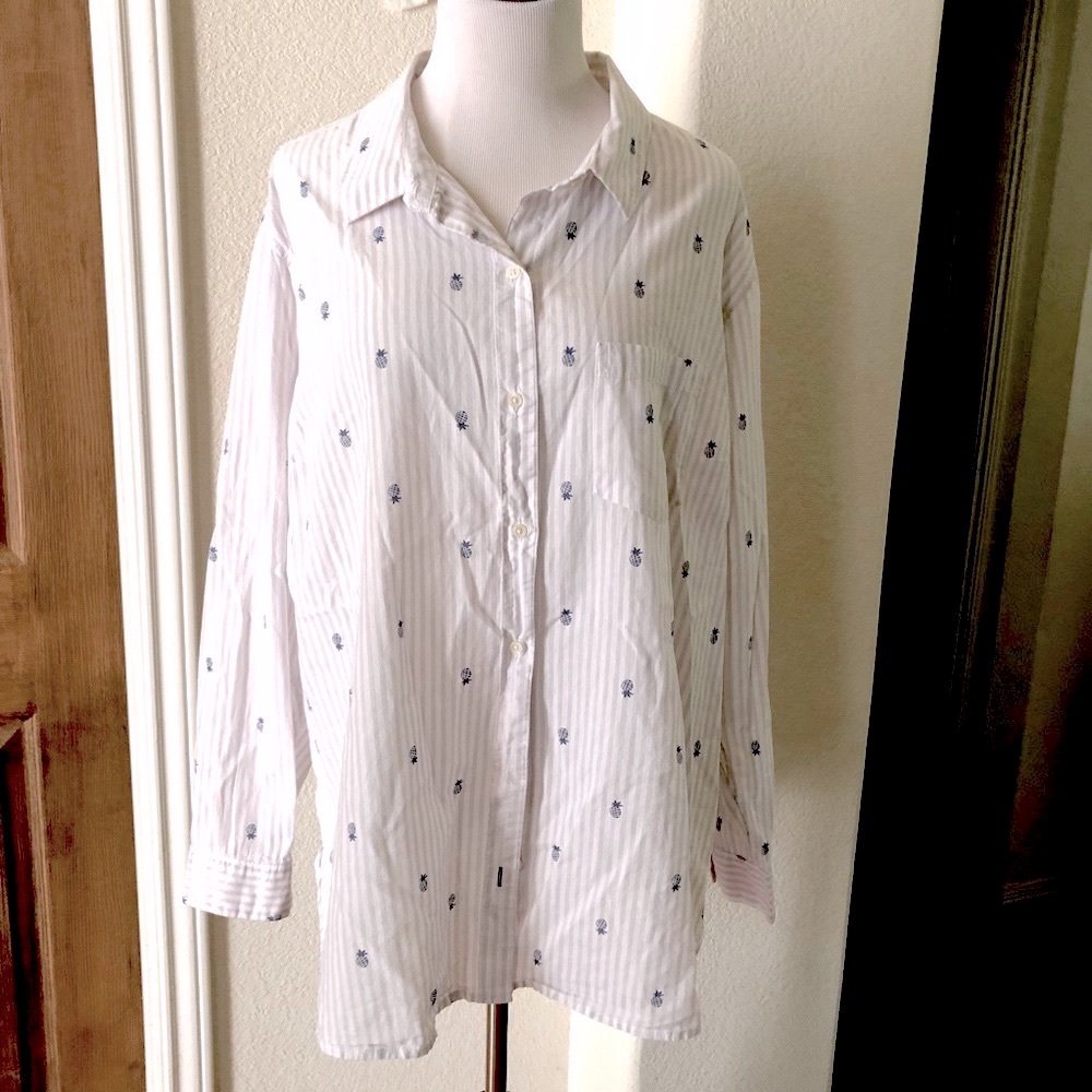 Old Navy Classic Button Stripe Down Top Pineapple Cotton Coastal Beach Soft 2XL